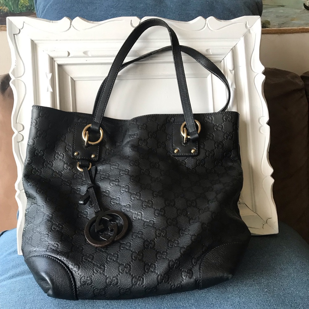GUCCI Dark Green Guccissima Leather Charm Tote